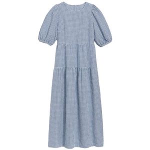 Old Navy Tiered Puff Sleeve All Day Midi Swing Dress Blue Gingham Size L Pockets